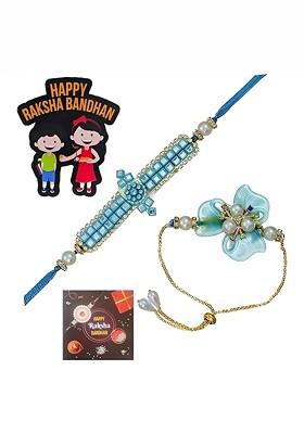T Set Of 2 Stones Studded And Beaded Rakhi With Card And Magnet Gift Set