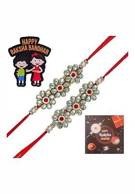 T Set Of 2 Stones Studded And Beaded Rakhi With Card And Magnet Gift Set