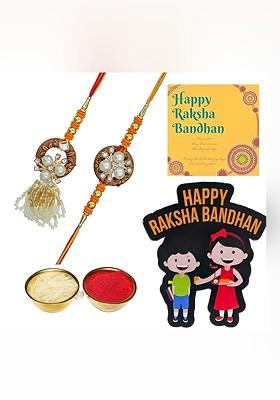 T Set Of 2 Stones Studded And Beaded Rakhi With Roli Rice Card And Magnet Gift Set