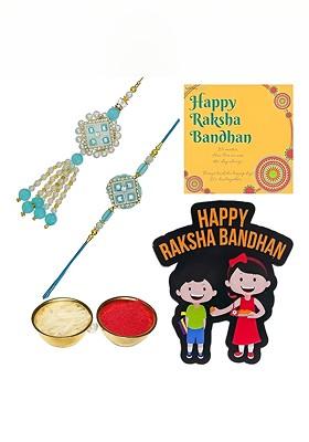 T Set Of 2 Stones Studded And Beaded Rakhi With Roli Rice Card And Magnet Gift Set