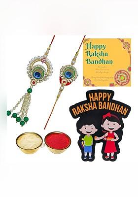 T Set Of 2 Stones Studded And Beaded Rakhi With Roli Rice Card And Magnet Gift Set