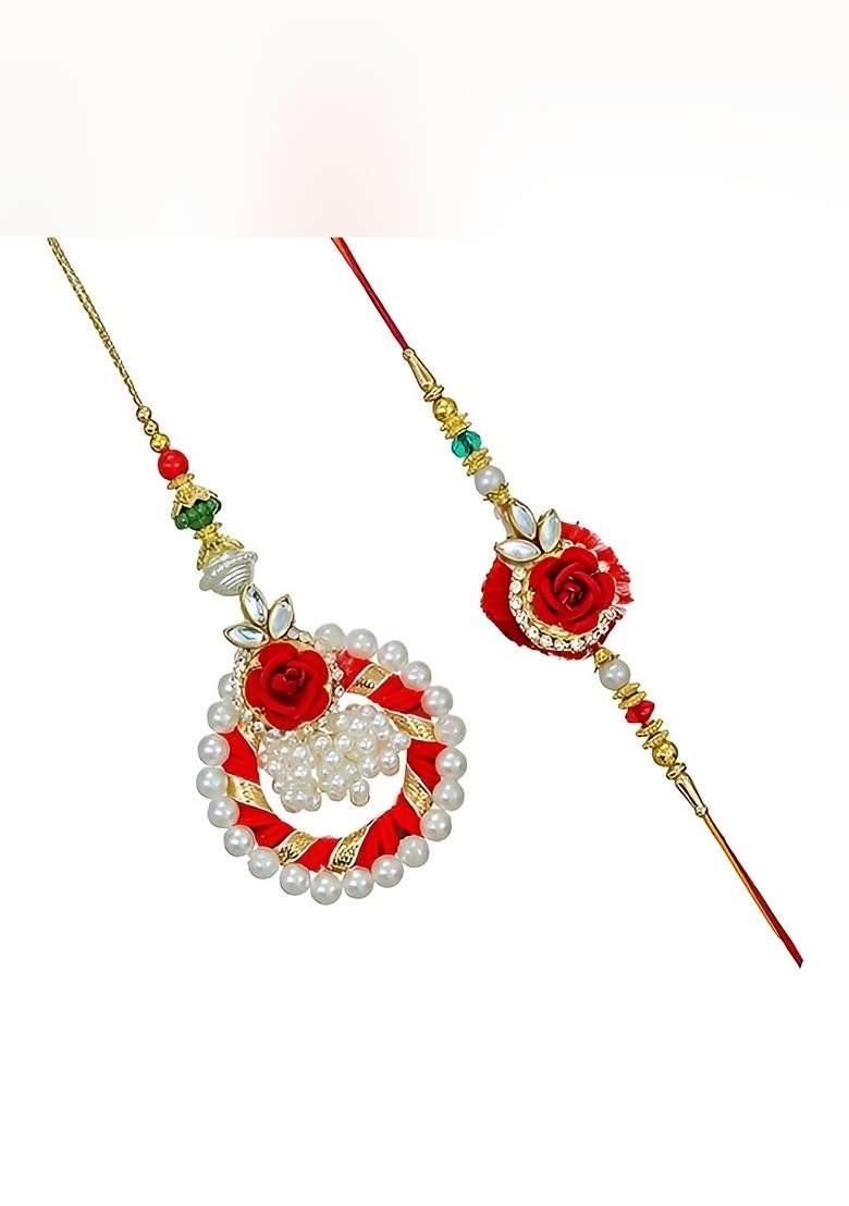 T Set Of 2 Stones Studded And Beaded Rakhi With Roli Rice Card And Magnet Gift Set - Indya