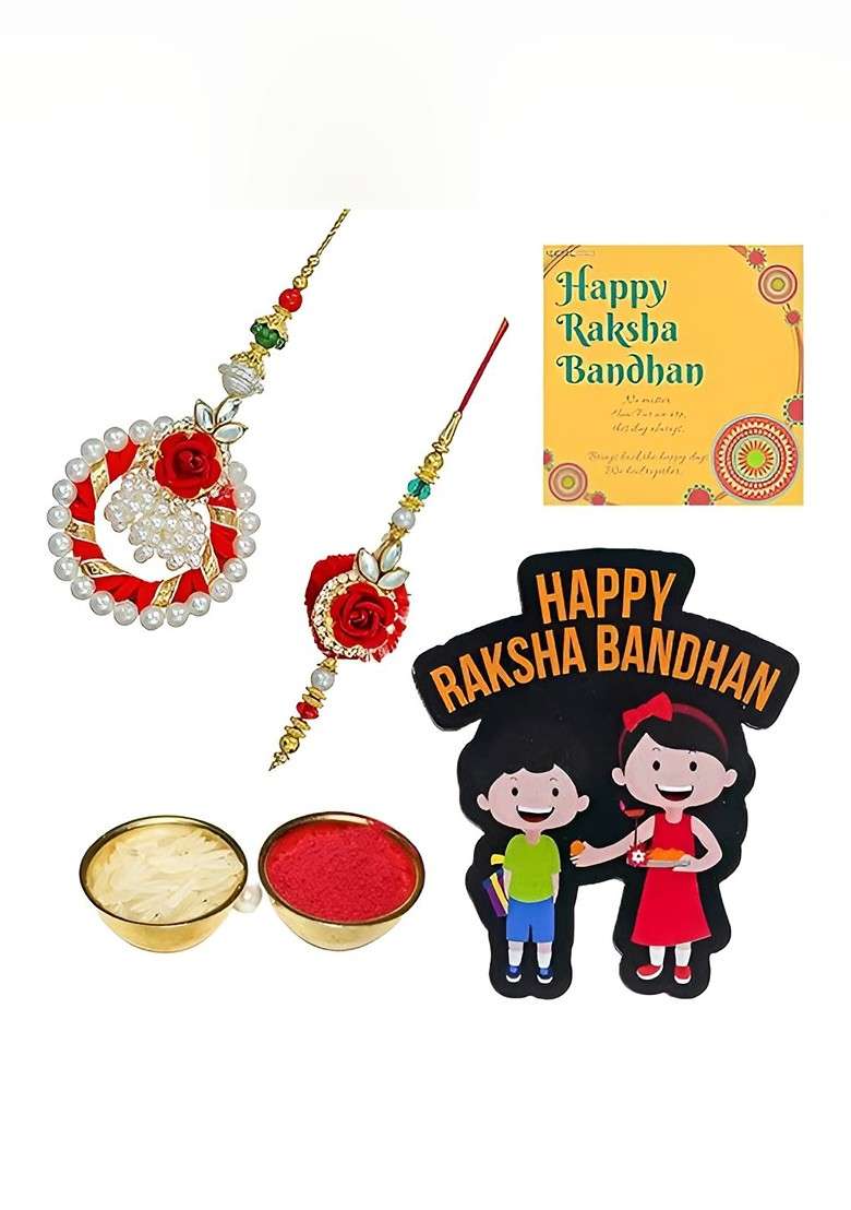 T Set Of 2 Stones Studded And Beaded Rakhi With Roli Rice Card And Magnet Gift Set - Indya
