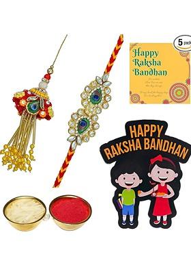 T Set Of 2 Stones Studded And Beaded Rakhi With Roli Rice Card And Magnet Gift Set