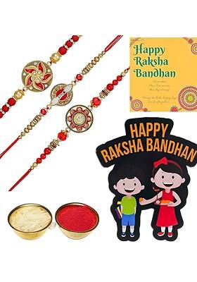 T Set Of 3 Stones Studded And Beaded Rakhi With Roli Rice Card And Magnet Gift Set