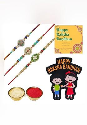 T Set Of 3 Stones Studded And Beaded Rakhi With Roli Rice Card And Magnet Gift Set