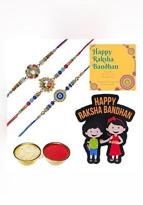 T Set Of 3 Stones Studded And Beaded Rakhi With Roli Rice Card And Magnet Gift Set