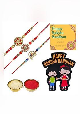 T Set Of 3 Stones Studded And Beaded Rakhi With Roli Rice Card And Magnet Gift Set