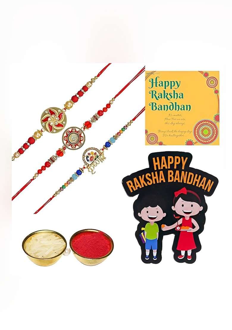 T Set Of 3 Stones Studded And Beaded Rakhi With Roli Rice Card And Magnet Gift Set - Indya