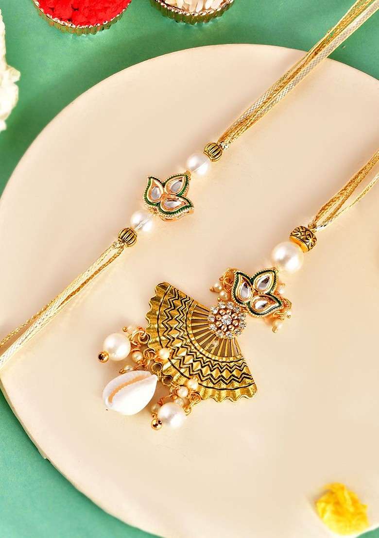 Set Of 2 Kundan Studded And Beaded Rakhi Set With Roli Rice And Greeting Card - Indya