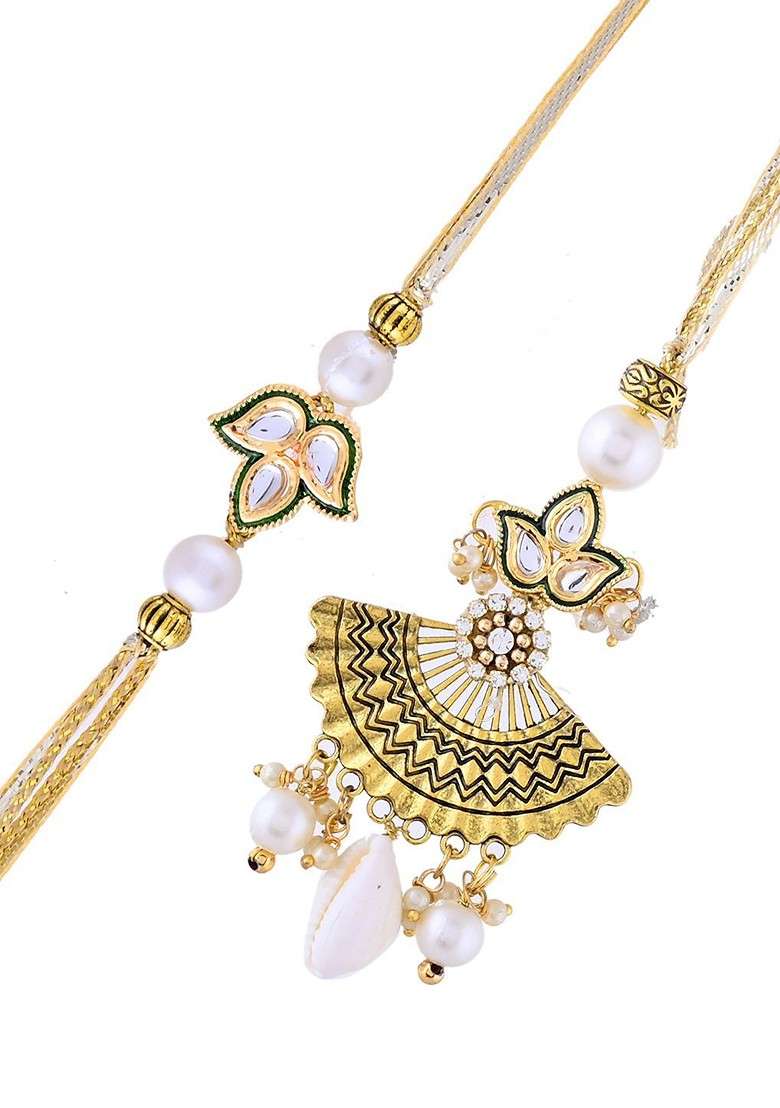 Set Of 2 Kundan Studded And Beaded Rakhi Set With Roli Rice And Greeting Card - Indya
