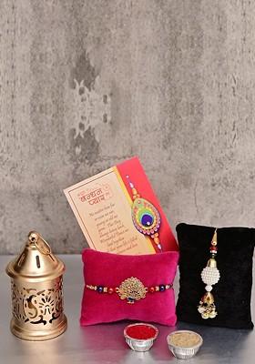 5 Pcs Hanging Lantern With Greeting Card And Roli Chawal Rakhi Gift Set