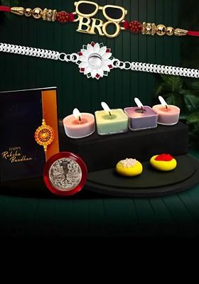 Raksha Bandhan Gift Set With Designer Rakhis Candles Roli Chawal Coin And Card