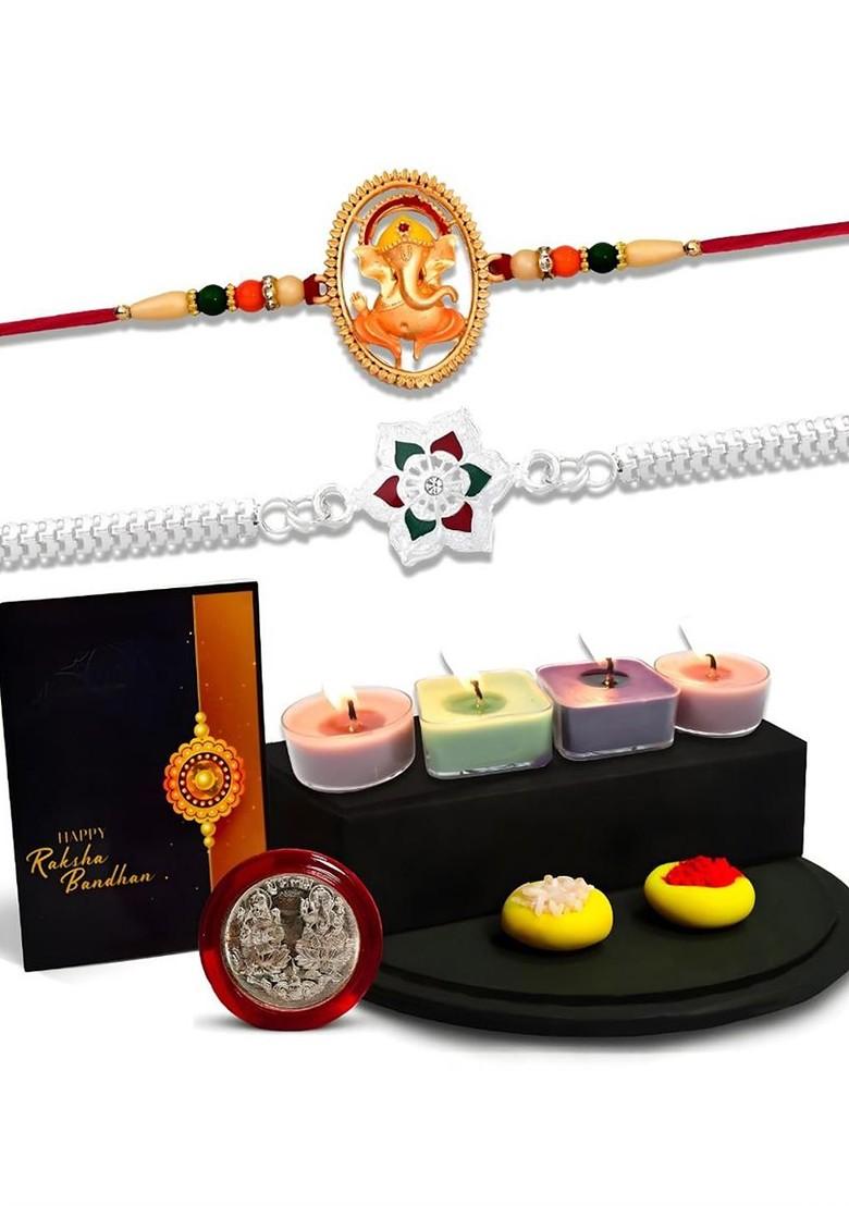 Raksha Bandhan Gift Set With Designer Rakhis Candles Roli Chawal Coin And Card