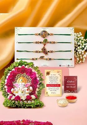 Set Of 5 Designer Rakhis With Lord Ganesha Idol Floral Plate