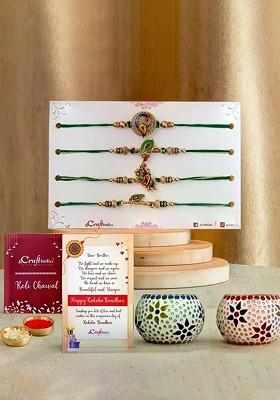 Set Of 6 Beaded Rakhis With Mosaic Glass Tea Light Holders