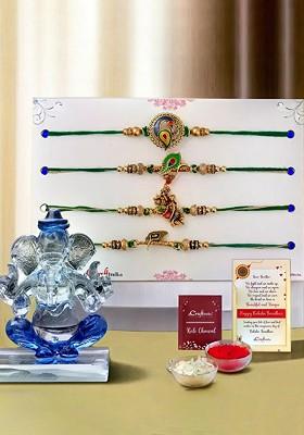 Set Of 5 Designer Rakhis With Crystal Lord Ganesha Idol