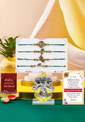 Set Of 5 Designer Rakhis With Crystal Lord Ganesha Idol