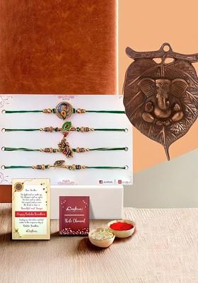 Set Of 4 Rakhi With Wall Hanging And Greeting Card And Roli Chawal Gift Set