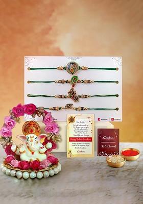 Set Of 5 Designer Rakhis With Lord Ganesha Idol Gift Set