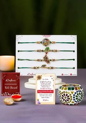 Set Of 5 Rakhis With Tea Light Holder And Roli Chawal