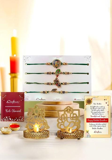 Set Of 4 Rakhi Light Holder Greeting Card And Roli Chawal