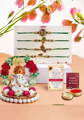 Set Of 5 Thread Rakhi And Ganesha Idol With Roli Chawal