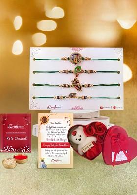 Set Of 5 Designer Rakhis With Heart Shaped Gift Box And Roli Chawal