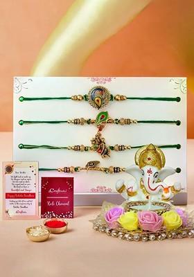 Set Of 5 Designer Rakhis With Ganesha Idol Tea Light Holder