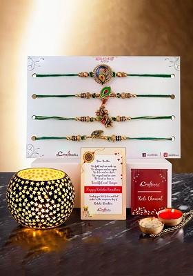 Set Of 5 Rakhi With Tea Light Holder Gift Set