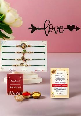 Set Of 4 Rakhis With Wall Art And Greeting Card And Roli Chawal