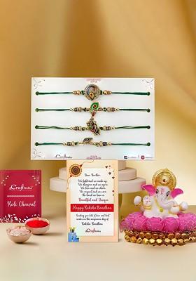 Set Of 5 Thread Rakhi And Lord Ganesha Idol On Roses Plate With Roli Chawal
