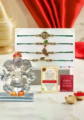 Set Of 5 Thread Rakhi And Lord Ganesha Idol With Roli Chawal