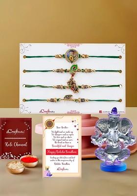Set Of 5 Thread Rakhi And Crystal Lord Ganesha Idol With Roli Chawal