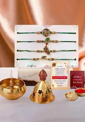 Set Of 5 Beaded Rakhis With Golden Akhand Diya