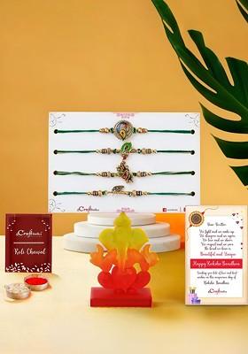 Set Of 4 Rakhi With Idol And Greeting Card And Roli Chawal Gift Set