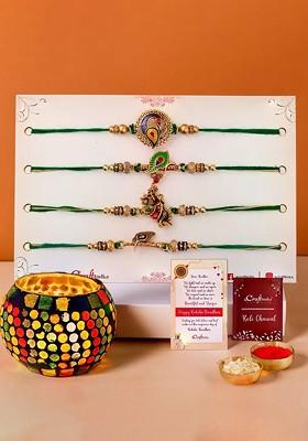 Set Of 4 Rakhis With Mosaic Glass T Light Candle Holder With Roli Chawal