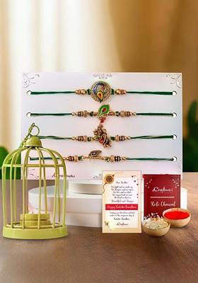 Set Of 5 Beaded Rakhis With Tea Light Candle Holder