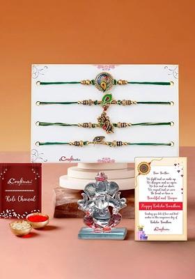 Set Of 5 Designer Rakhis With Crystal Lord Ganesha Idol Gift Set