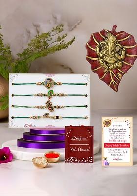 Set Of 4 Radha Krishna And Peacock Rakhis With Lord Ganesha Statue Showpiece