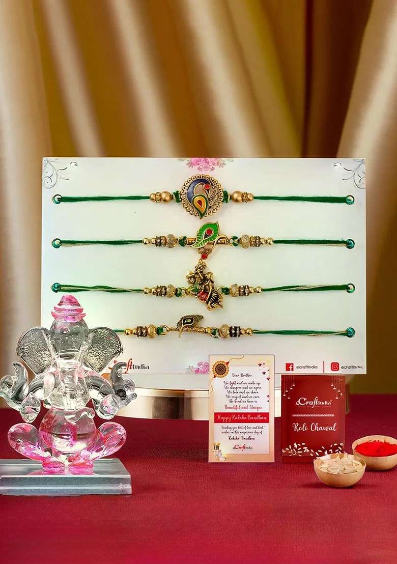 Set Of 4 Radha Krishna And Peacock Rakhi With Crystal Lord Ganesha Idol - Indya