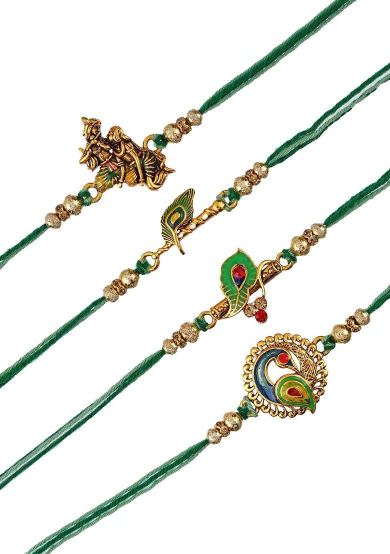 Set Of 4 Radha Krishna And Peacock Rakhi With Crystal Lord Ganesha Idol - Indya
