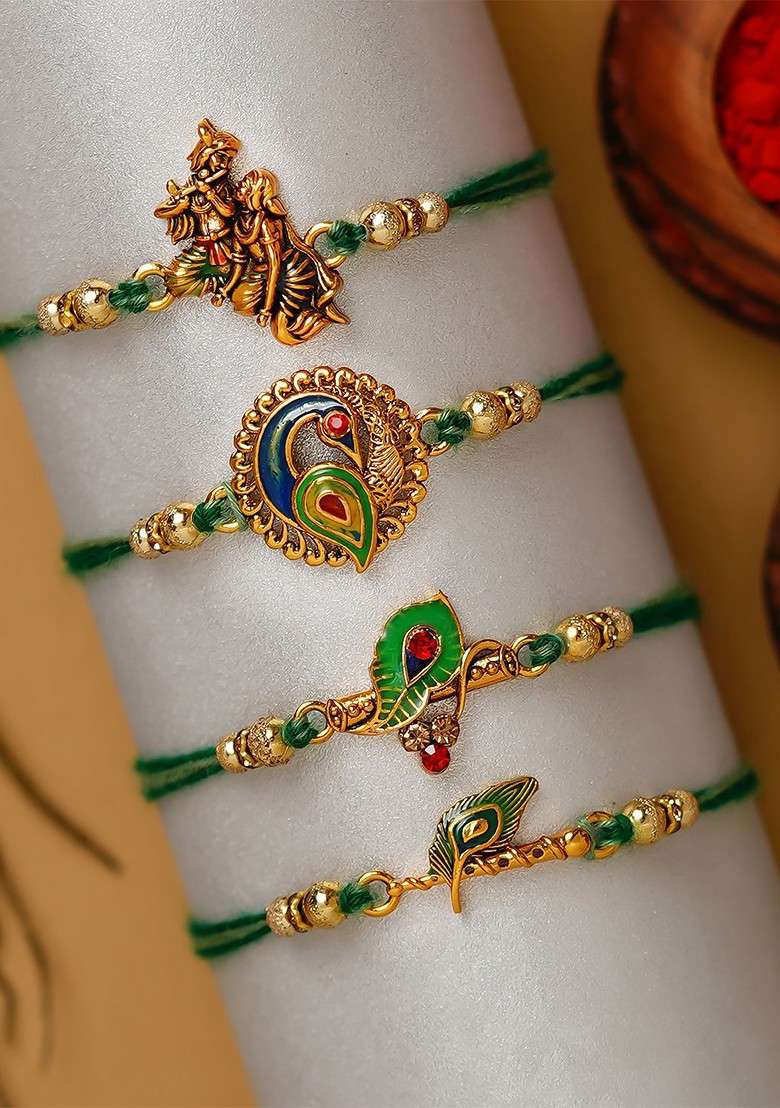 Set Of 4 Radha Krishna And Peacock Rakhi With Crystal Lord Ganesha Idol - Indya