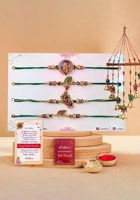 Set Of 4 Designer Rakhi With Elephant Statue Bells Wall Hanging