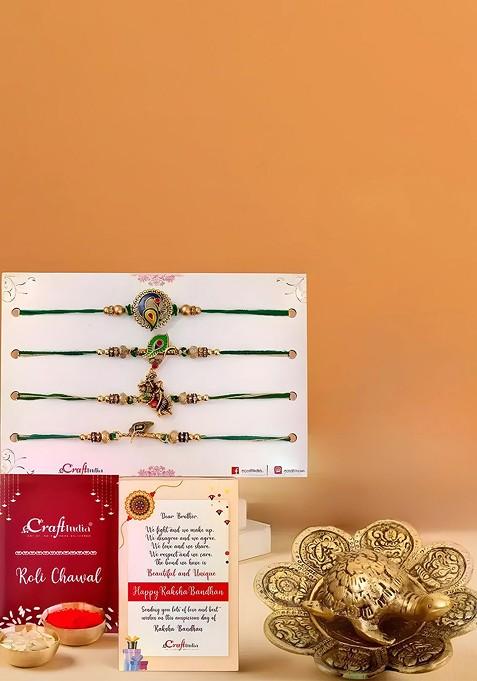 Set Of 4 Designer Rakhis With Metal Feng Shui Tortoise Showpiece