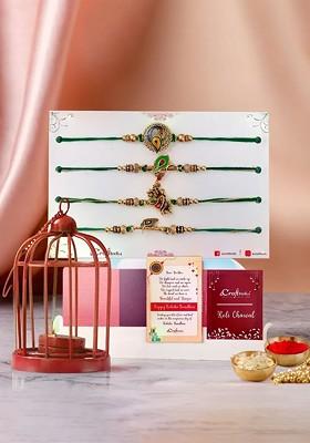 Set Of 4 Rakhi With Tea Light Candle Holder And Roli Chawal Gift Set