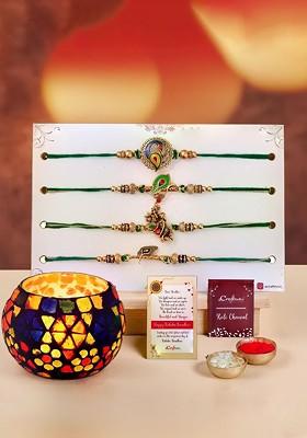 Set Of 4 Rakhis With Mosaic Glass Tea Light Holder With Roli Chawal