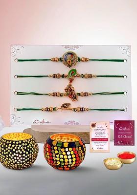 Set Of 4 Rakhi With Mosaic Glass Tea Light Holders And Roli Chawal