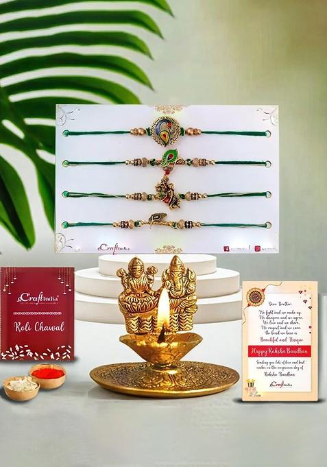 Set Of 5 Rakhi With Lakshmi Ganesha Decorative Diya And Roli Chawal Gift Set