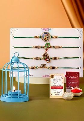 Set Of 4 Designer Rakhis With Cage Shaped Tea Light Holder